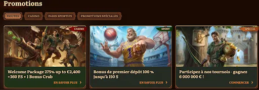 Offres promotionnelles WildRobin Casino — Bonus jusqu’à 2 400 €, paris sportifs, tournois exclusifs Trois promotions de WildRobin Casino : bonus de bienvenue, offre de dépôt sportif et tournoi spécial